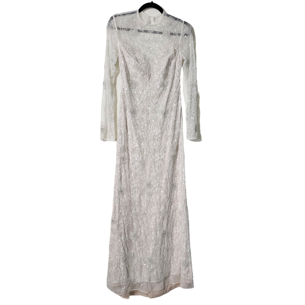 MAC DUGGAL Long Sleeve Foral Embellished White Wedding Gown Bridal Dress Size 4 - Picture 4 of 11